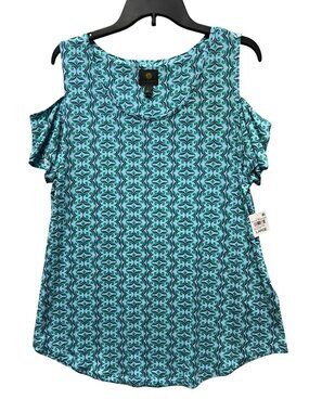 JM Collection Womens Large Blue & Green Cold Shoulder Top Geometric Print Rayon